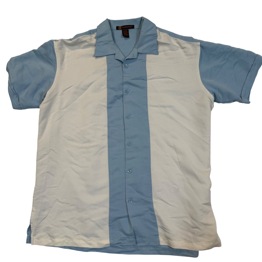 Harriton Mens XL M575 Bowling Shirt Light Blue White Retro Camp Collar Button Up